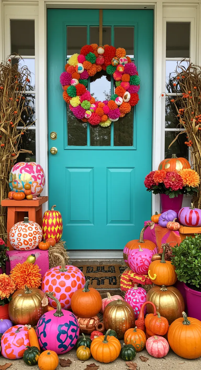 Porche vibrante con puerta turquesa y calabazas pintadas con colores neón y patrones llamativos.