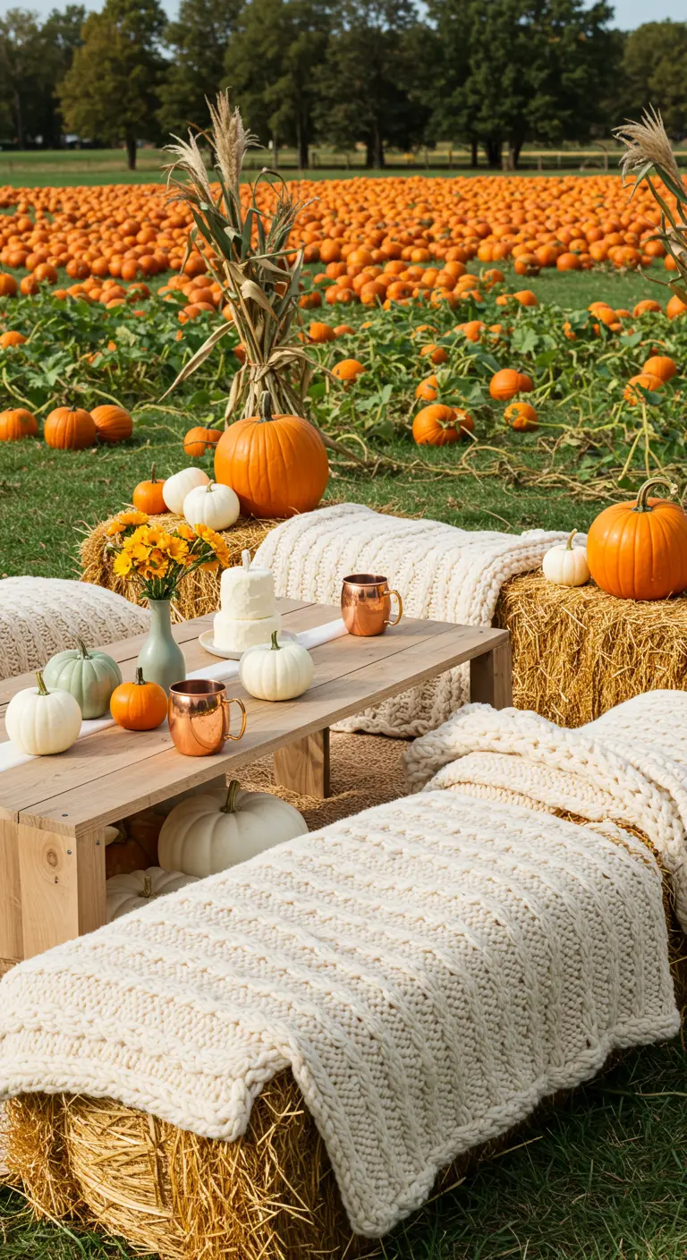 Picnic en un campo de calabazas con asientos de balas de heno cubiertas con mantas de lana.