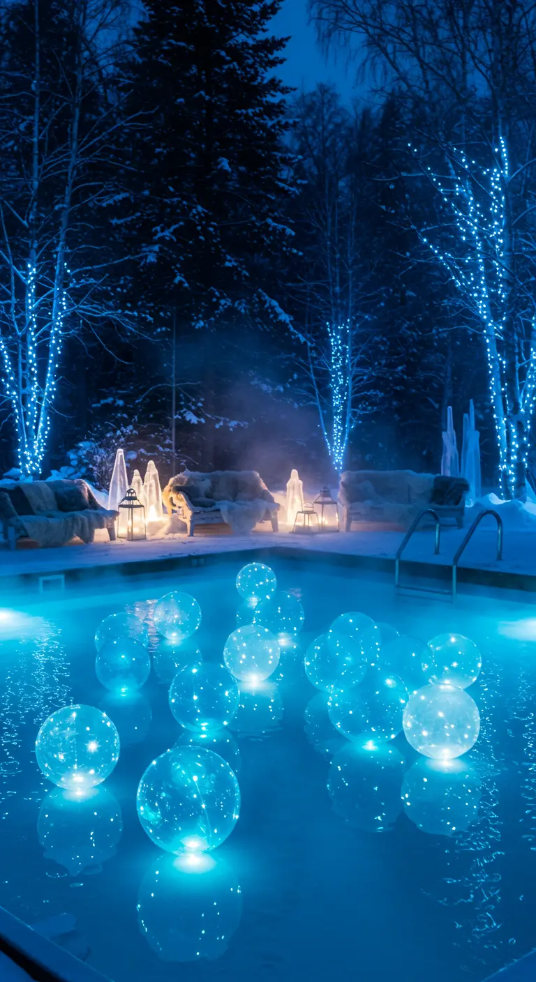 Piscina en un paisaje nevado llena de globos transparentes con luces LED azules.