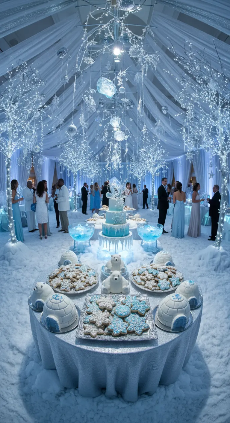 Fiesta de invierno con árboles blancos iluminados, nieve artificial y galletas de osos polares.