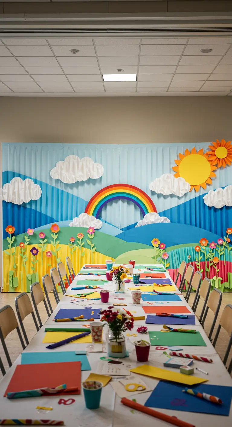 Fondo de fiesta hecho con capas de cartulina de colores creando un paisaje de arcoíris.