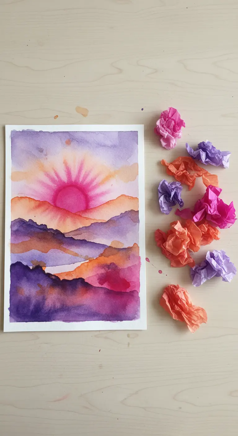 Paisaje de montañas en acuarela creado con la técnica de sangrado de papel de seda.