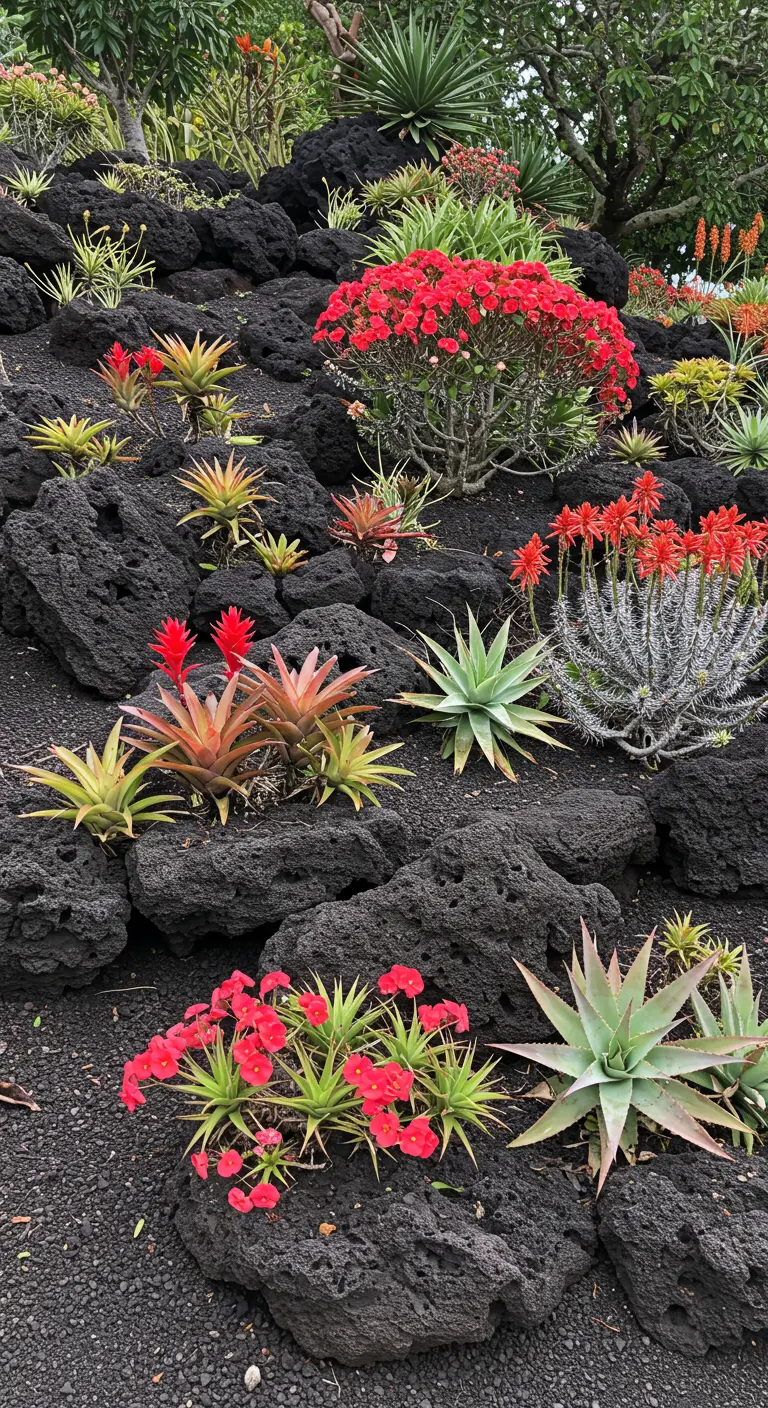 Jardín de rocalla con rocas de lava negra y una variedad de suculentas y bromelias de color rojo y verde.