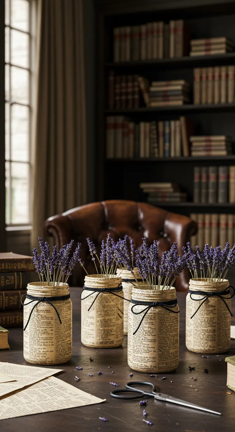 Frascos cubiertos con páginas de libros viejos y llenos de lavanda seca sobre un escritorio de madera.