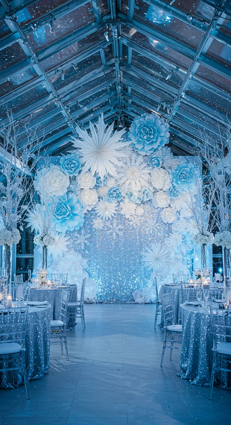 Salón de eventos decorado como un palacio de hielo con un muro de flores de papel azules y blancas.