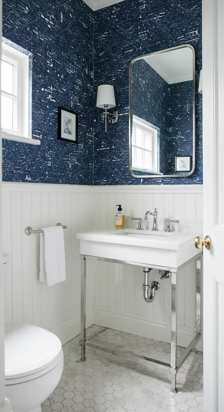 Baño con paneles de madera blancos en la parte inferior y papel pintado azul marino en la superior