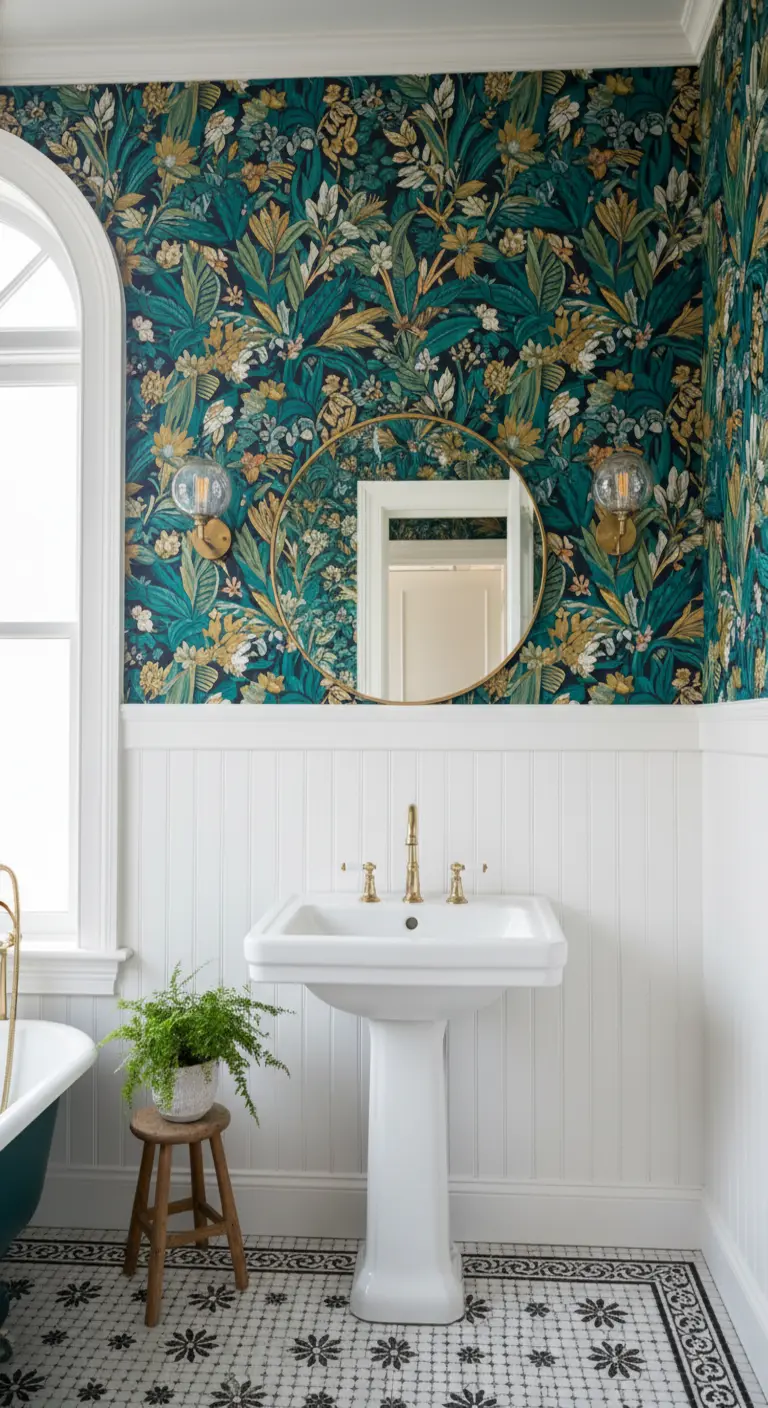 Baño con papel pintado de motivos botánicos exuberantes y friso blanco de madera