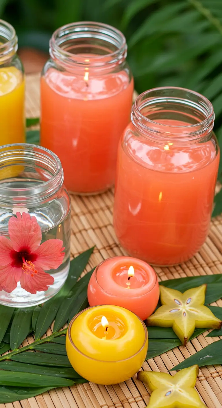 Frasco de vidrio con una flor de hibisco flotando en el agua, junto a otras velas tropicales.