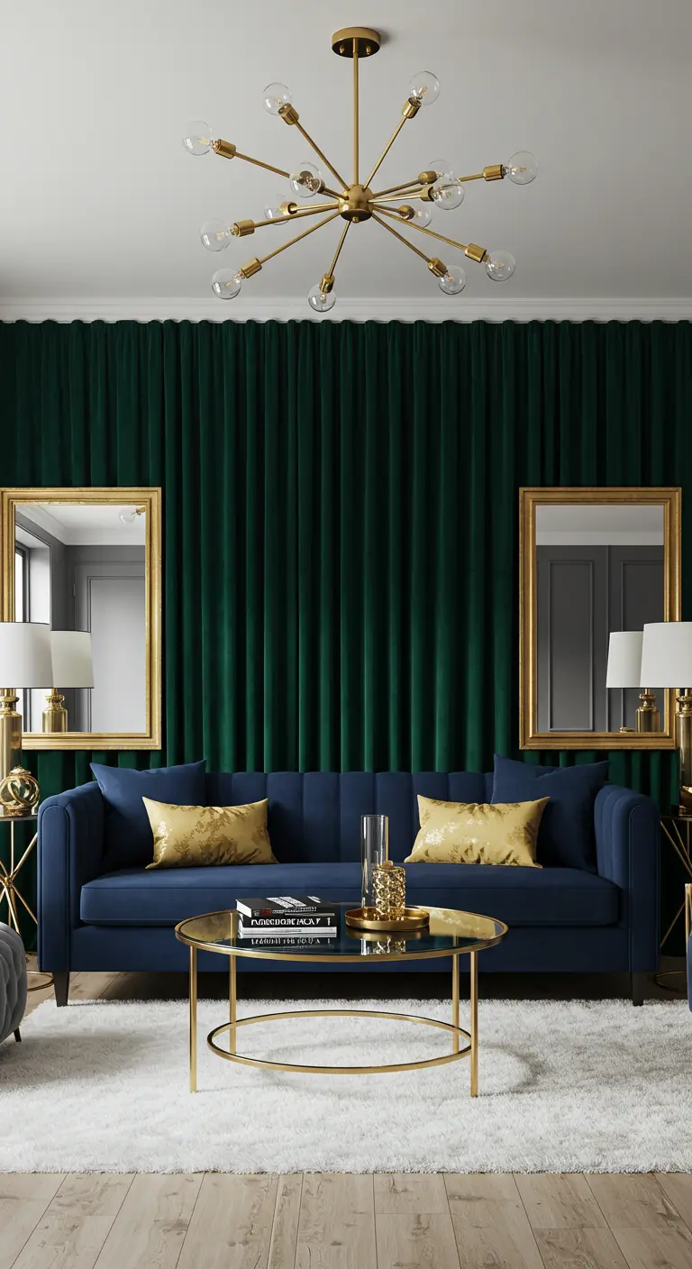 Sala de estar de lujo con cortinas de terciopelo verde esmeralda cubriendo la pared del fondo.