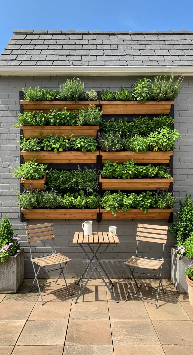 Jardín vertical de hierbas aromáticas en jardineras de madera sobre una pared gris.