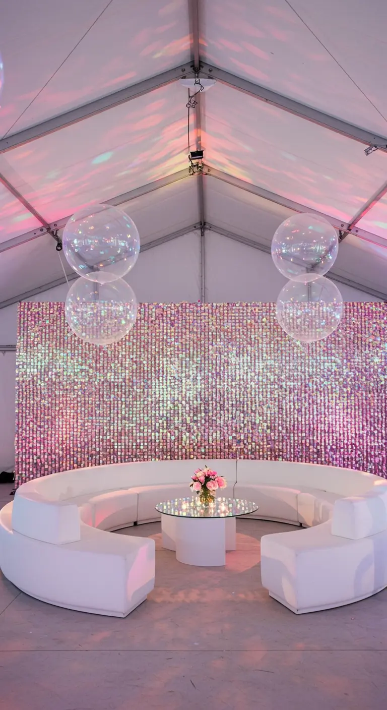 Fondo de pared de lentejuelas iridiscentes con reflejos de colores.