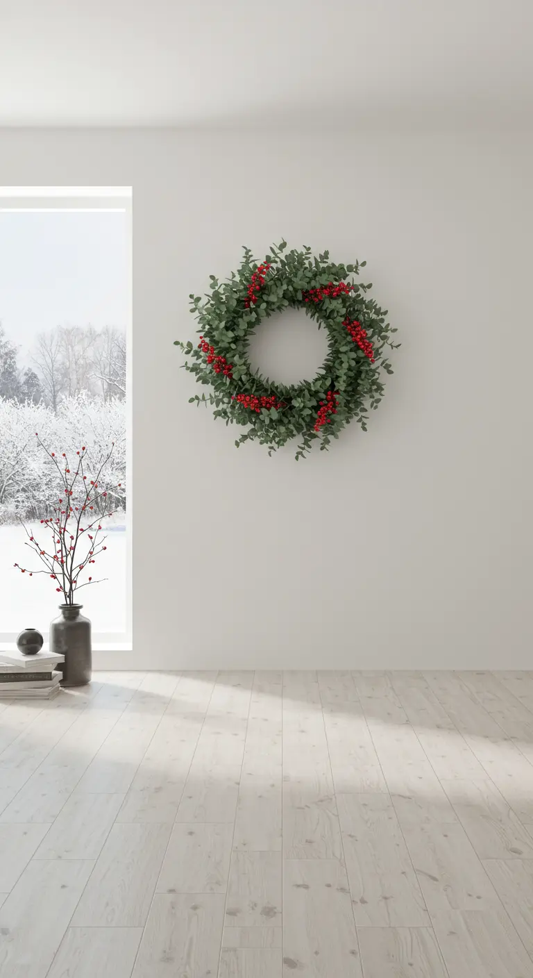 Corona de eucalipto y bayas rojas colgada en una pared blanca minimalista.