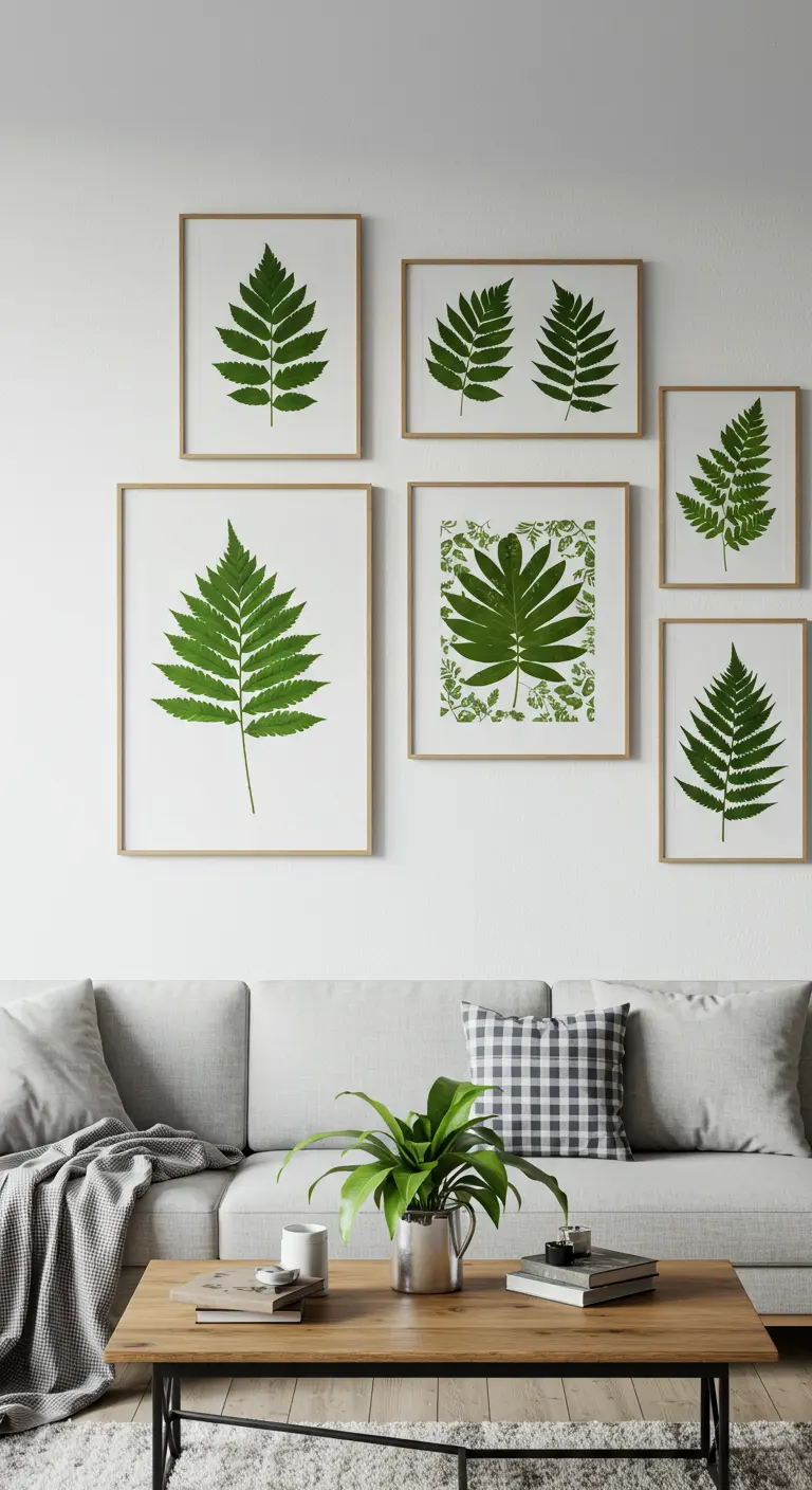 Pared de salón con una galería de seis cuadros con diferentes helechos prensados.