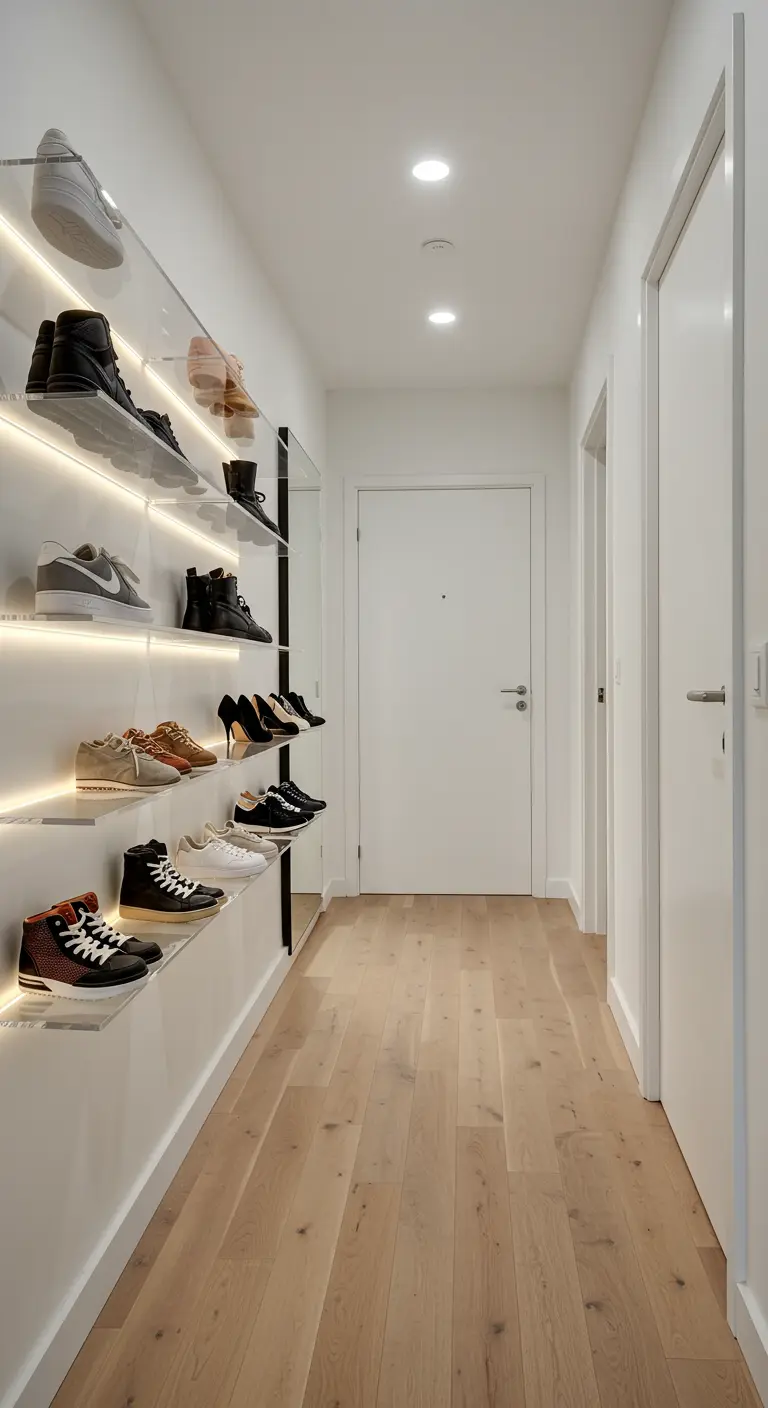 Pasillo con estanterías flotantes de acrílico iluminadas para exhibir una colección de zapatillas.