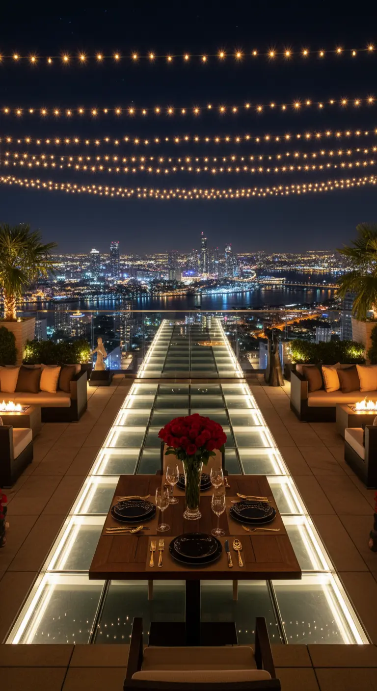 Cena romántica en una azotea con un pasillo de cristal iluminado y guirnaldas de luces.