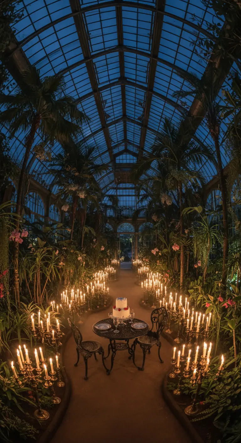 Un pasillo en un invernadero victoriano flanqueado por altos candelabros dorados.
