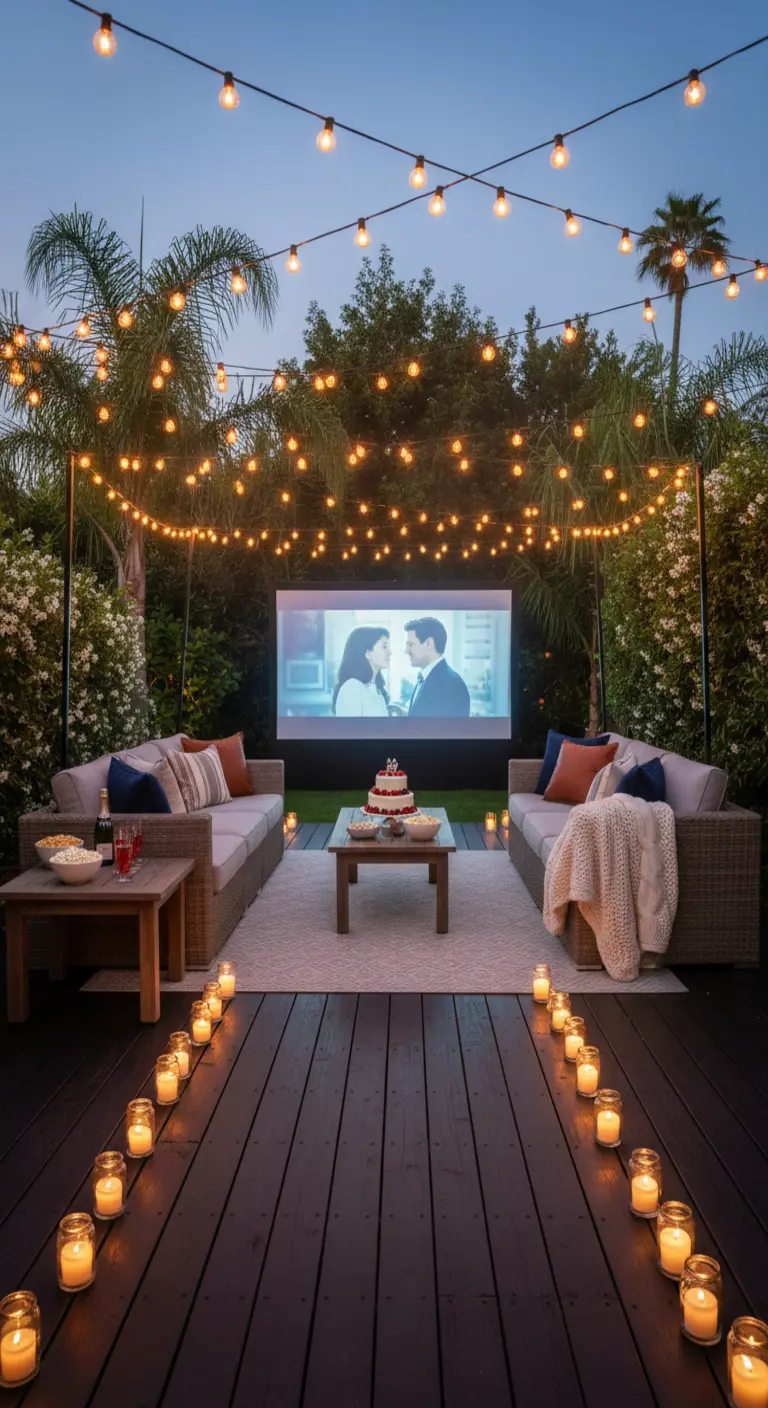 Un cine al aire libre en un patio con un camino de velas en frascos de cristal.