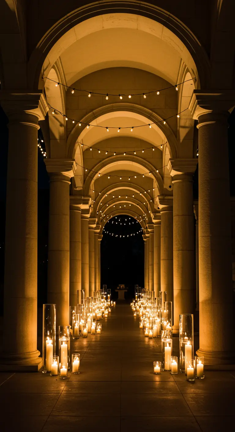 Largo pasillo con arcos y columnas, flanqueado por hileras de velas en el suelo.