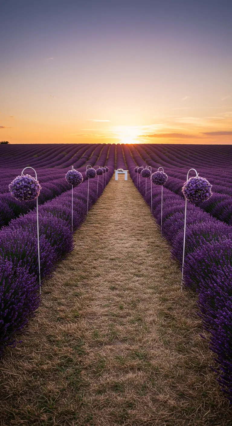 Pasillo nupcial en un campo de lavanda al atardecer, flanqueado por esferas de lavanda.