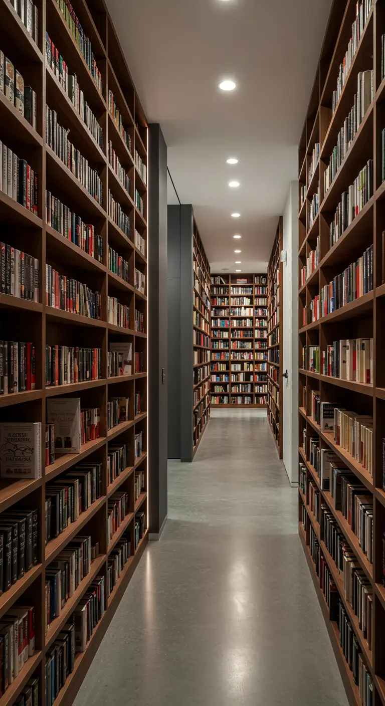 Pasillo largo y estrecho flanqueado por estanterías de madera repletas de libros hasta el techo.