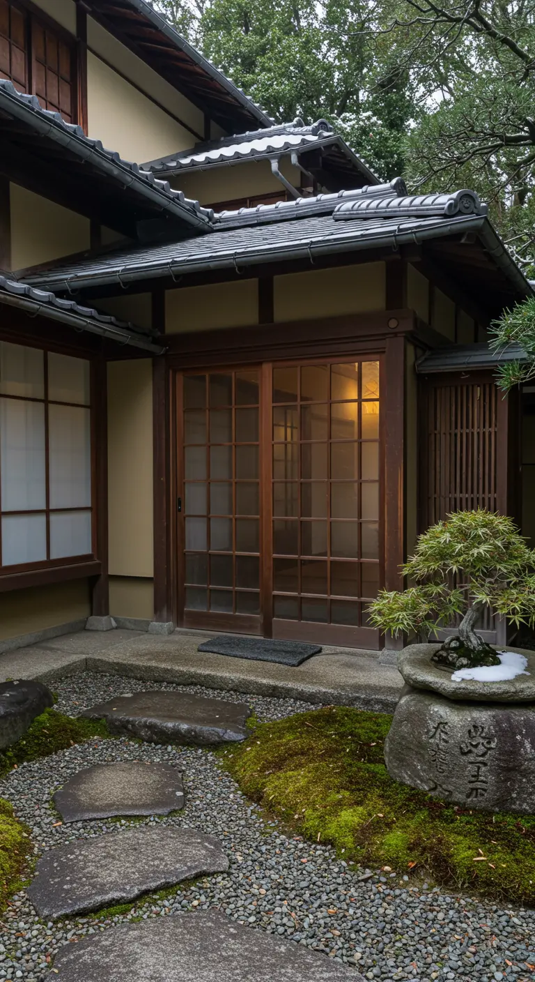 Camino de entrada japonés con losas de piedra, grava, musgo y un bonsái en una maceta de piedra.