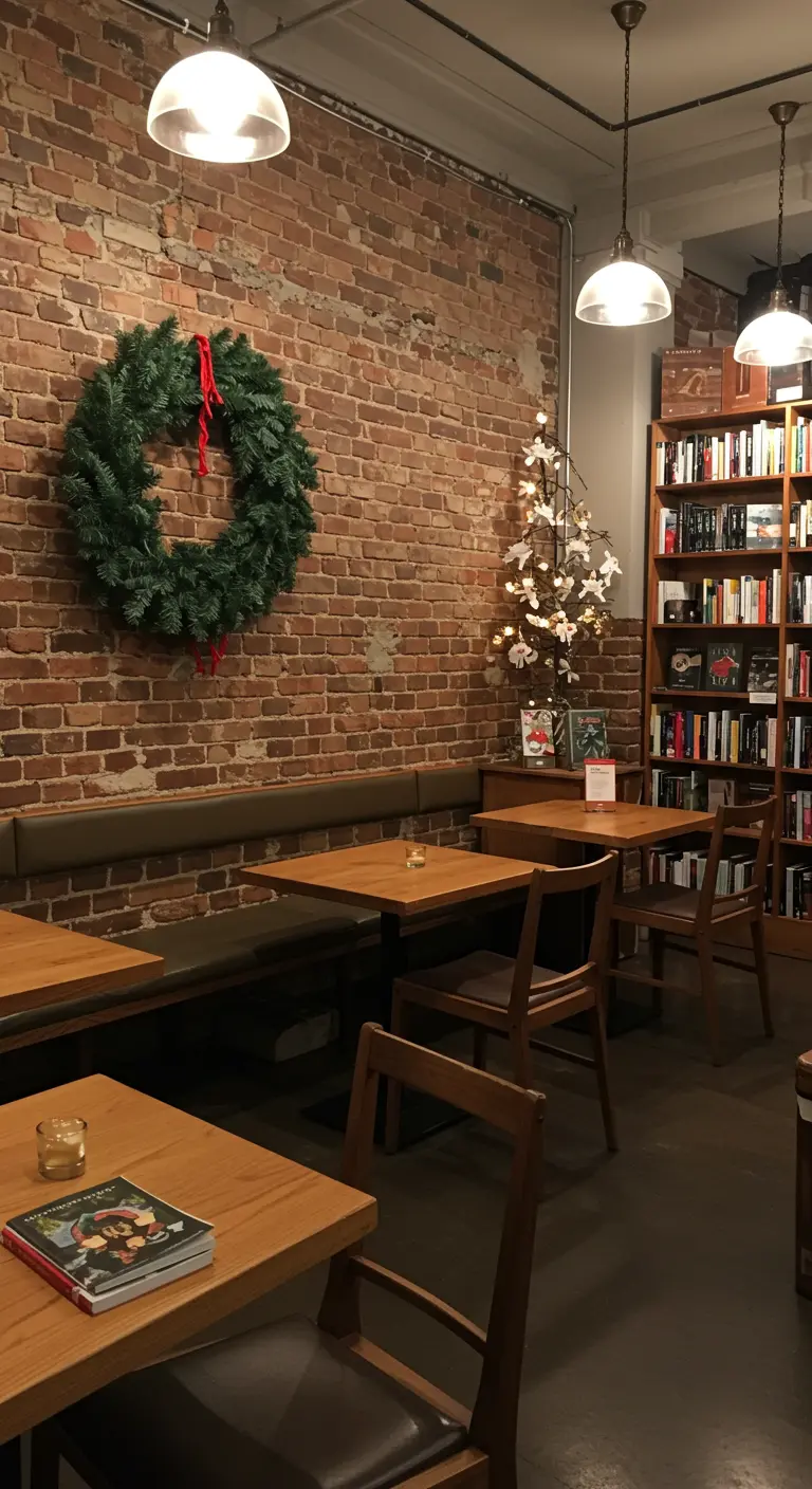Corona de pino con una fina cinta roja en una pared de ladrillo de una acogedora cafetería.