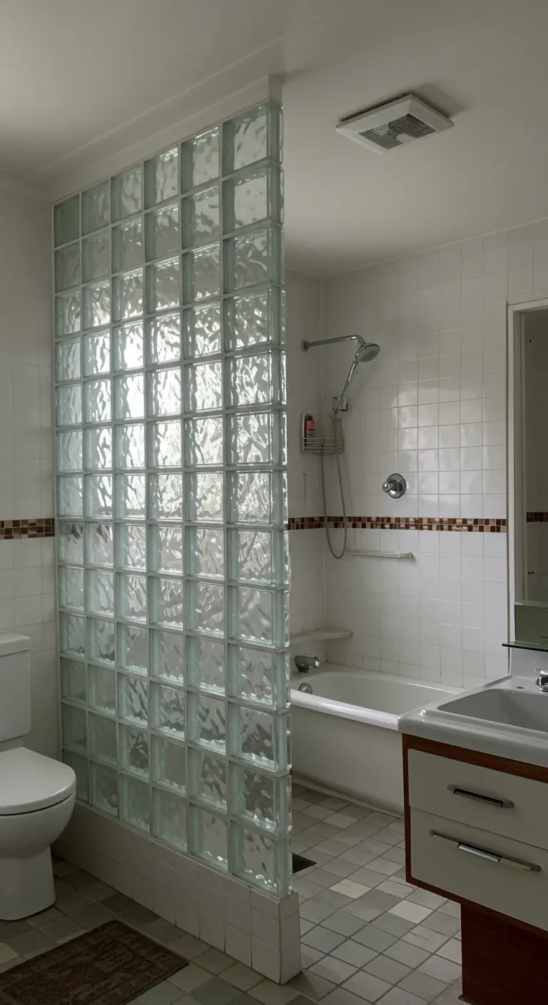 Baño con una pared de bloques de vidrio (pavés) que separa la zona de la bañera y la ducha.