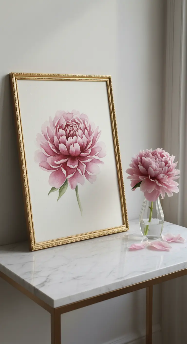 Pintura detallada de una peonía rosa en acuarela, enmarcada en dorado sobre una mesa de mármol.