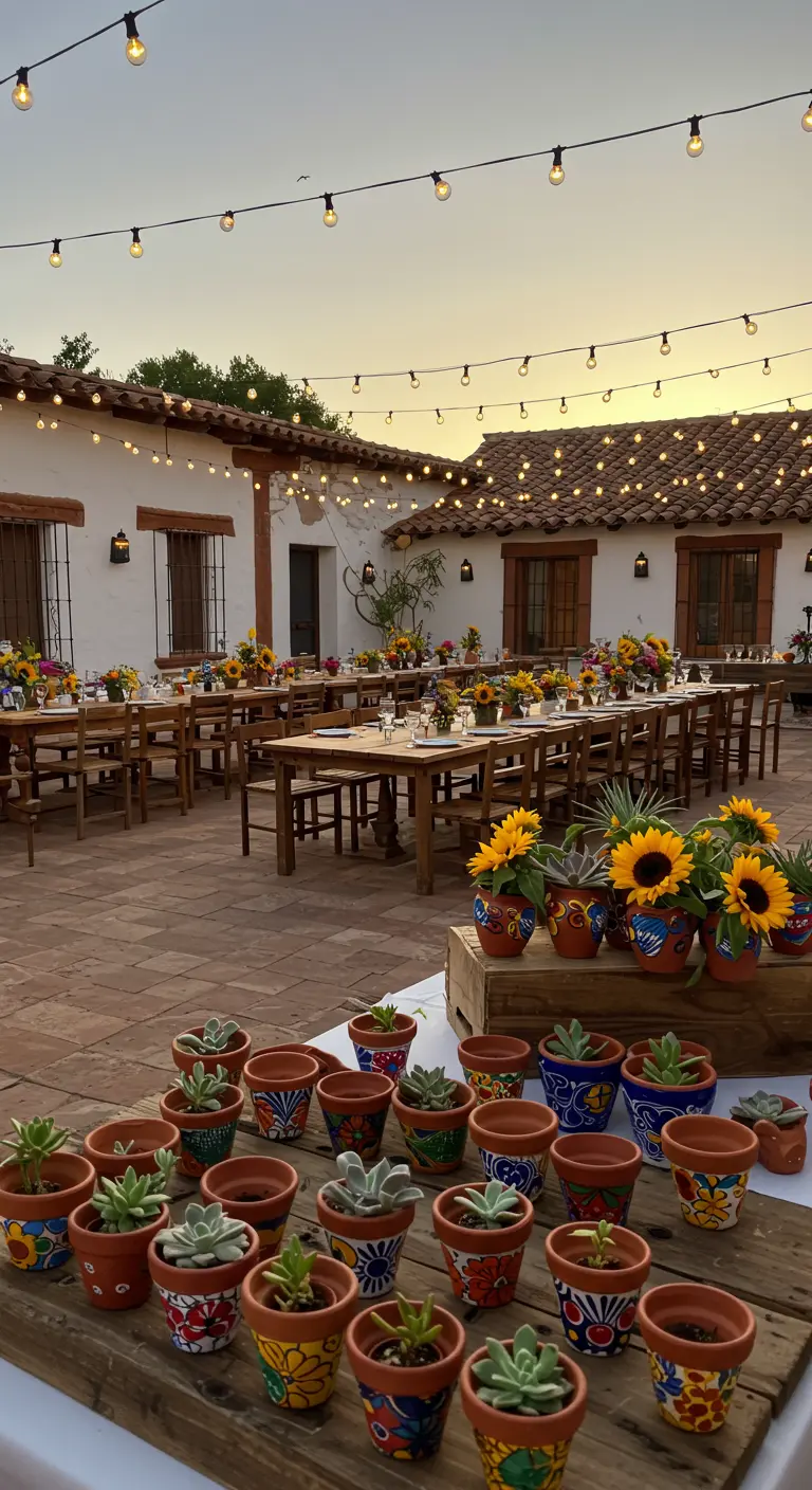 Macetas de terracota pintadas a mano con suculentas como recuerdo de fiesta.