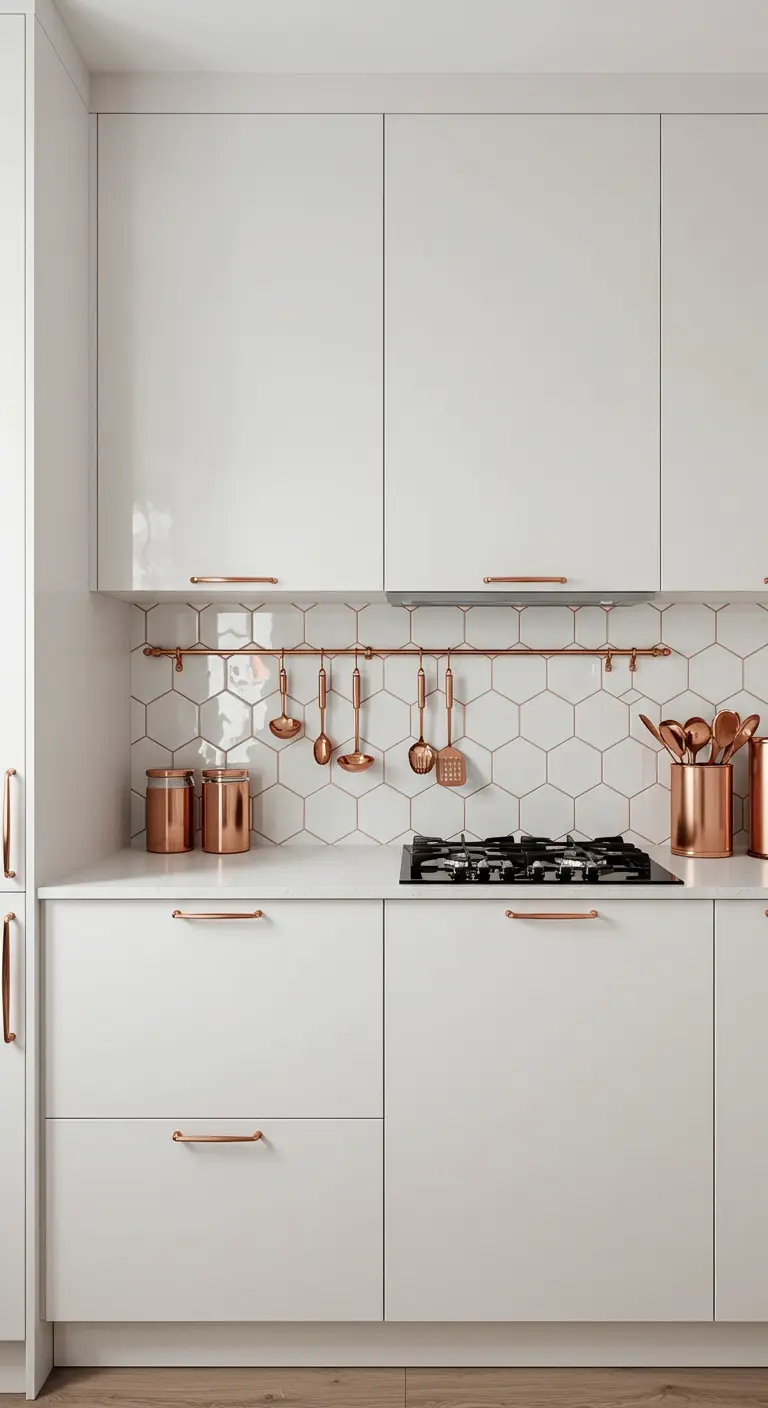 Detalle de salpicadero de azulejos hexagonales con barra y utensilios de cobre