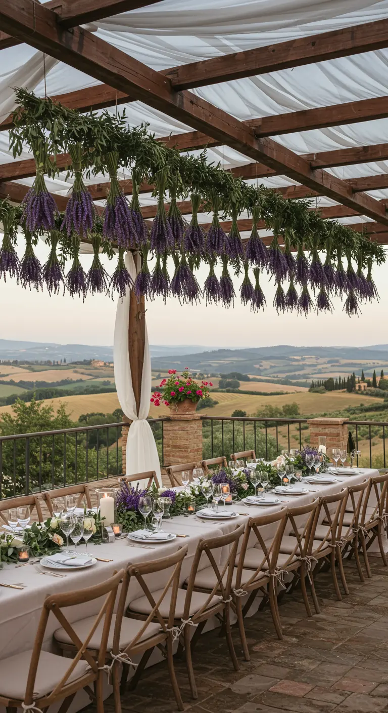 Mesa de banquete bajo una pérgola con ramos de lavanda colgando y vistas a un campo.