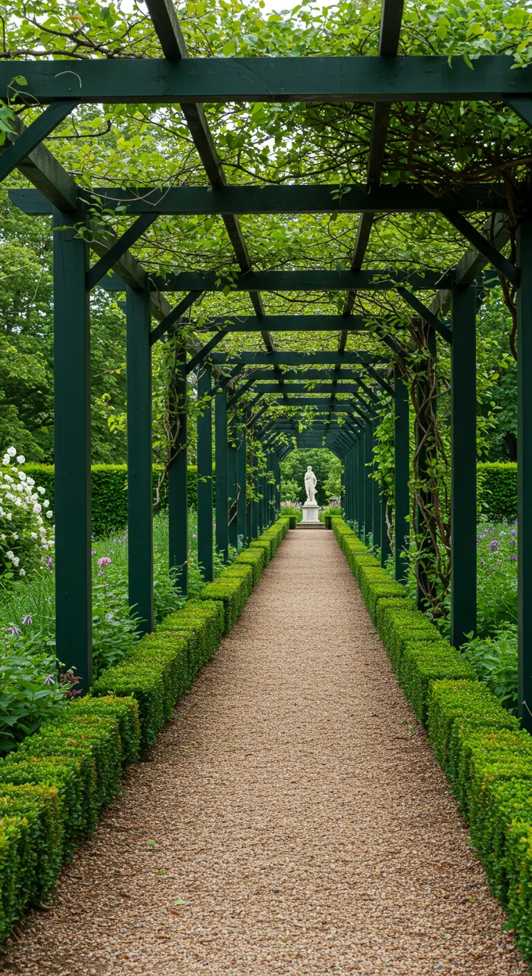 Largo túnel de pérgola verde que enmarca un camino de grava hacia una estatua.