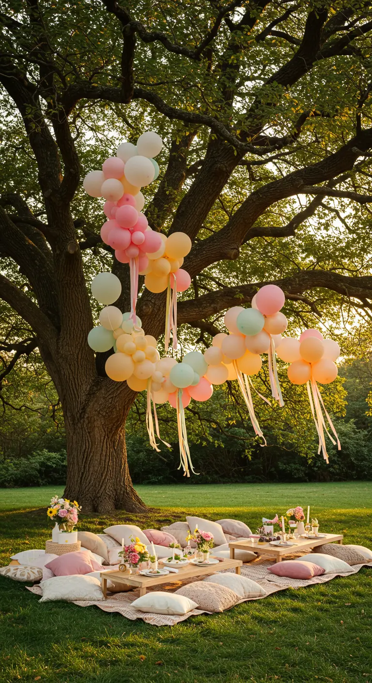 Racimos de globos pastel cuelgan de un árbol sobre un picnic bohemio en el césped.