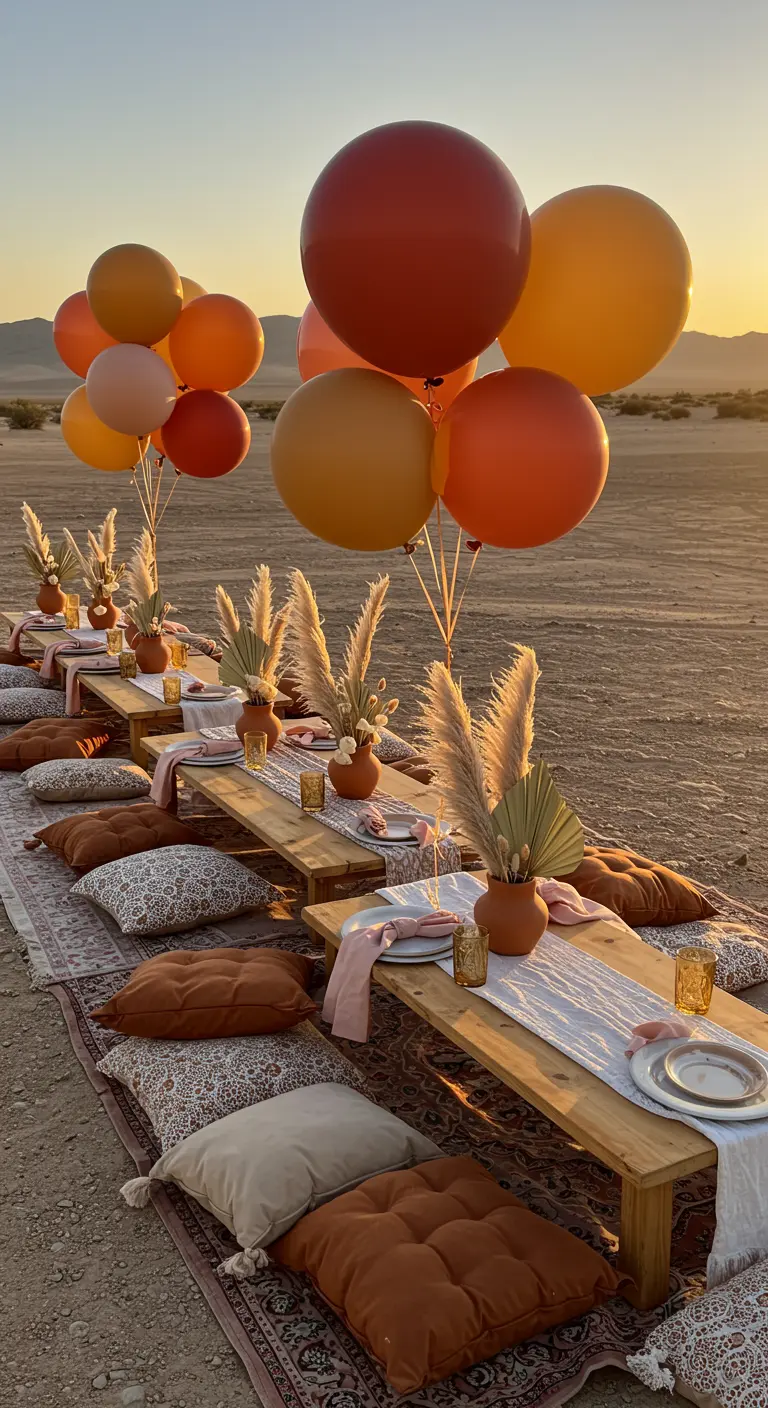 Pícnic bohemio en el desierto con globos en tonos tierra y hierba de la pampa.