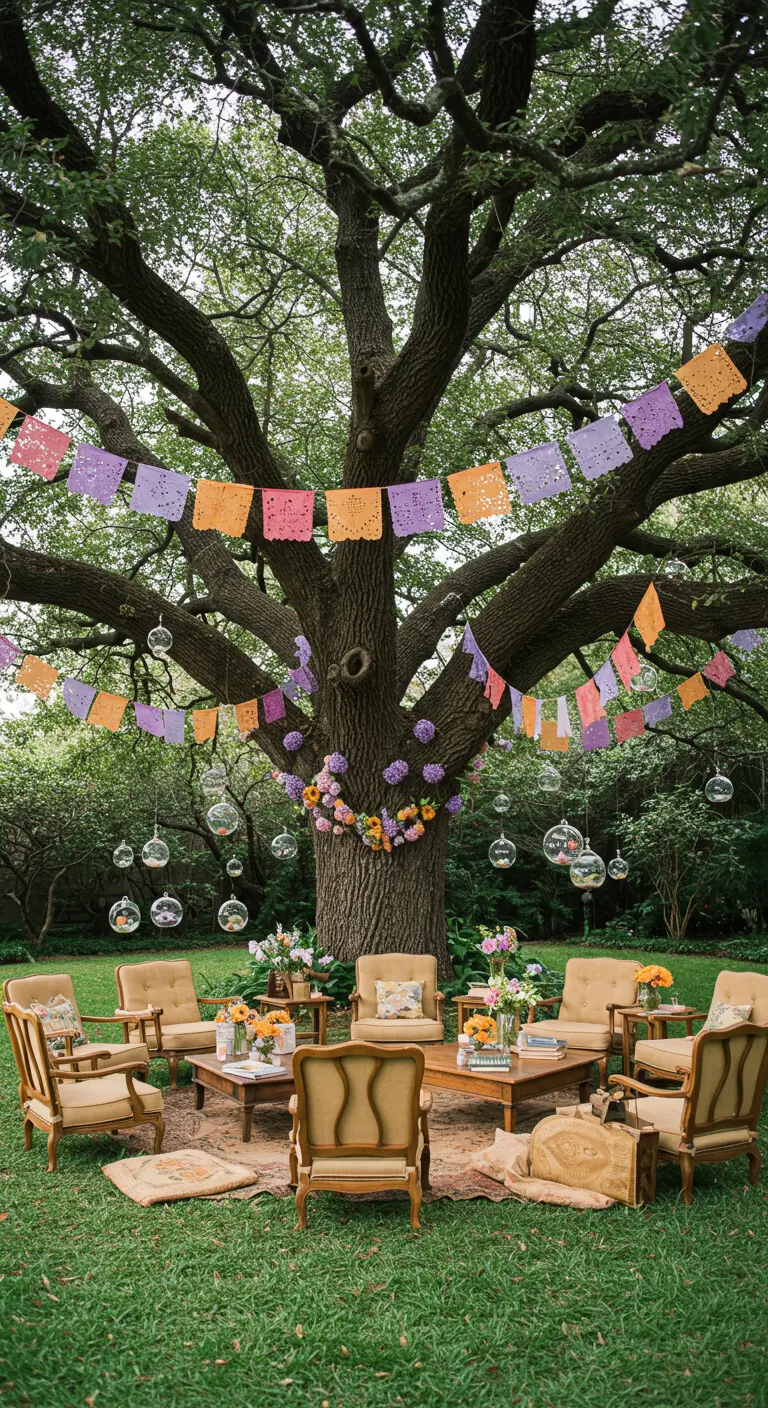 Zona de descanso bajo un gran árbol, decorada con papel picado y esferas de cristal.