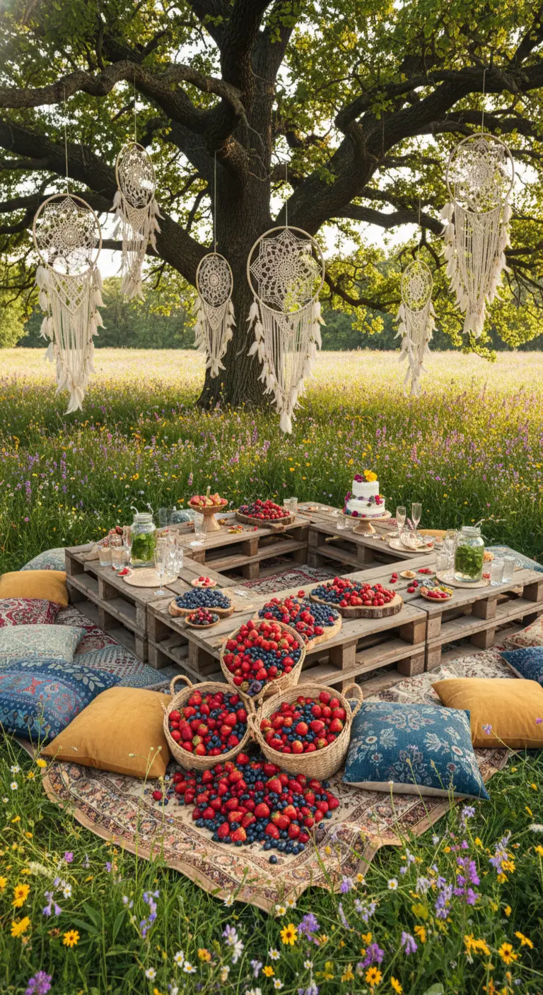 Mesa baja de palets con cojines y cestas de bayas en un prado con atrapasueños.