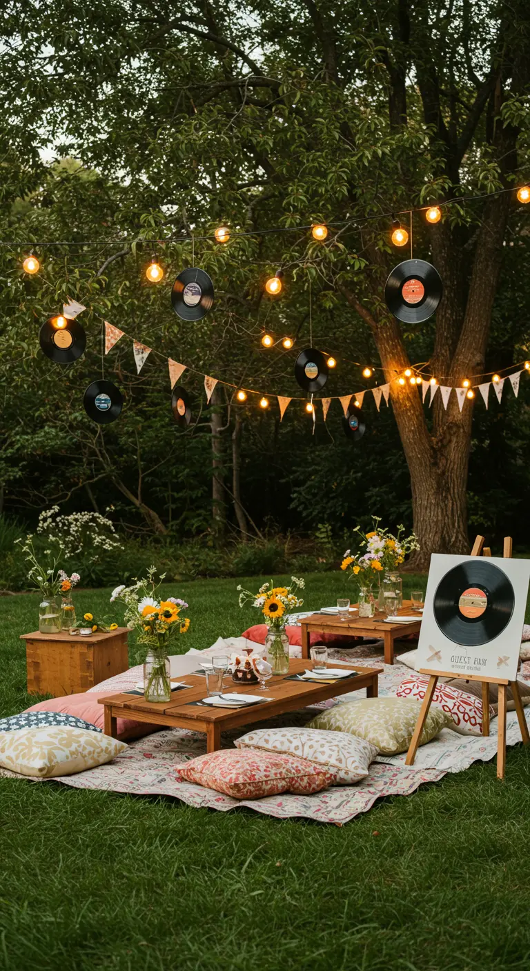 Picnic en el jardín con discos de vinilo colgando de un árbol y luces de verbena.