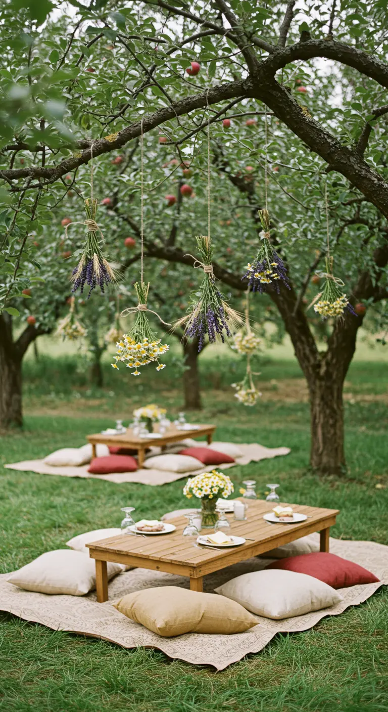 Mesas de picnic bajas en un huerto, con ramos de flores silvestres y lavanda colgando.