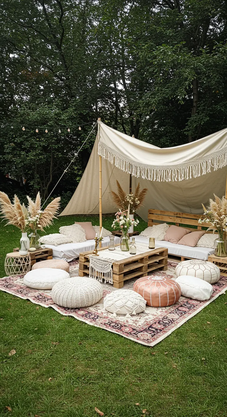 Picnic de estilo boho en el jardín con palets, alfombras, cojines y hierba de la pampa.
