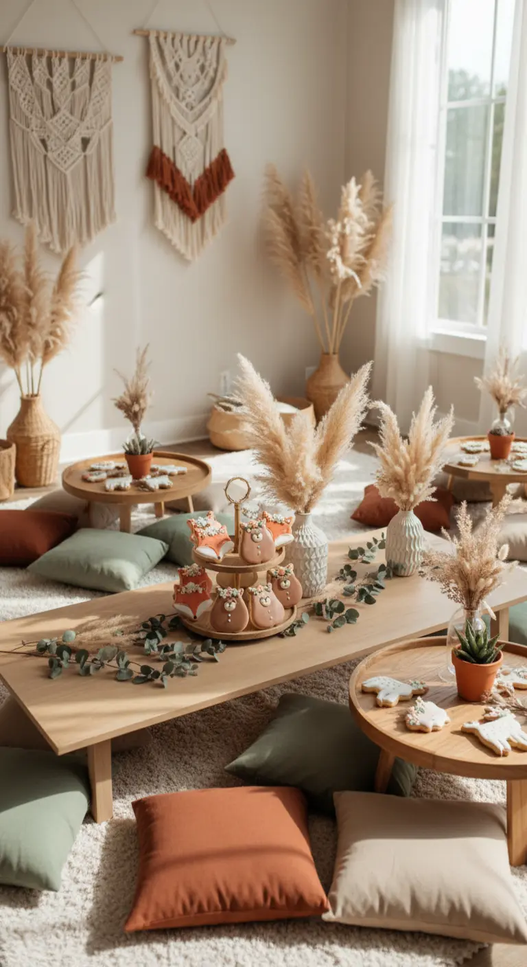 Picnic de estilo boho con cojines en el suelo, hierba de la pampa y galletas decoradas.