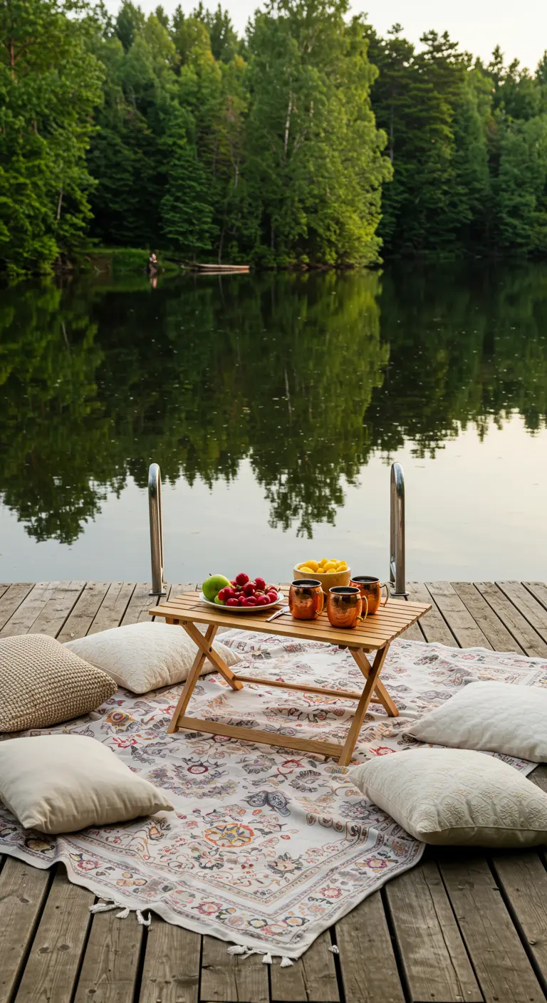 Picnic en un muelle de madera con una manta estampada, cojines y tazas de cobre.