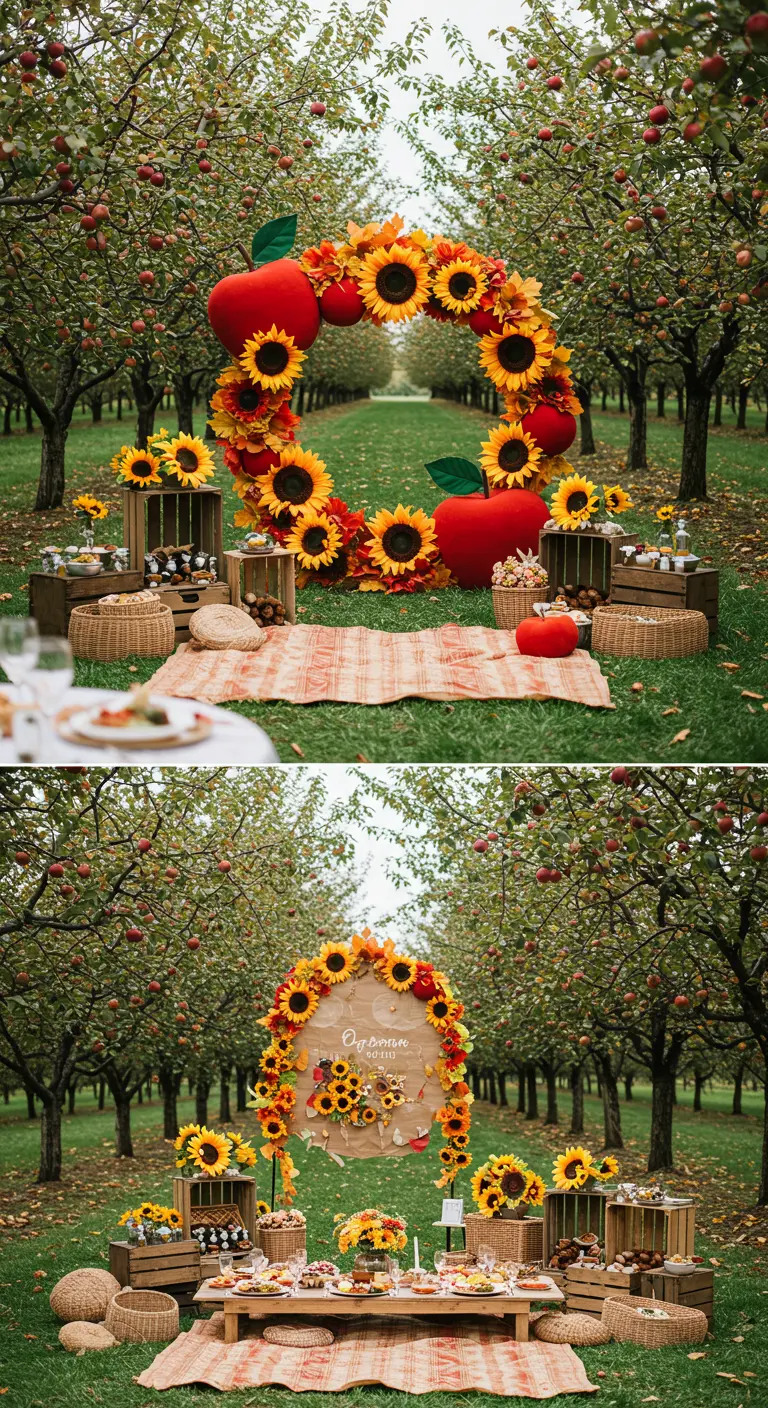 Corona gigante de girasoles y manzanas como fondo para un picnic en un huerto.
