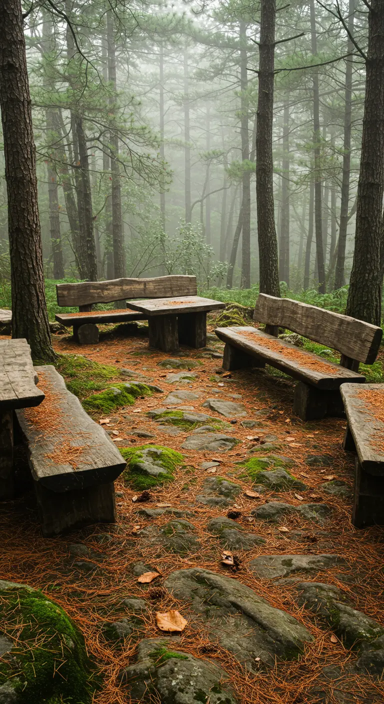 Área de picnic en el bosque con mesa y bancos de madera muy robusta sobre un suelo de rocas y musgo.