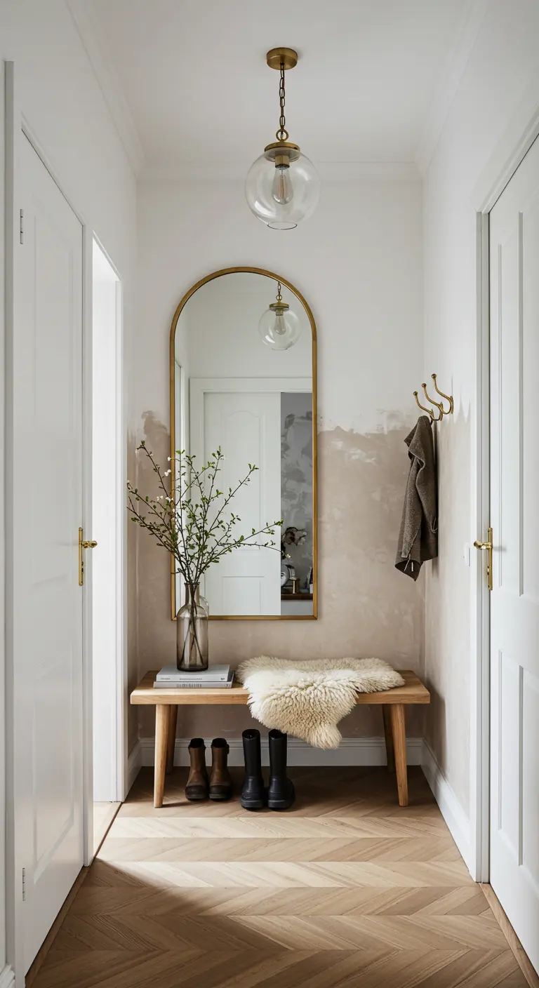 Recibidor con pared pintada a dos tonos, banco de madera, manta de pelo y espejo arqueado dorado.