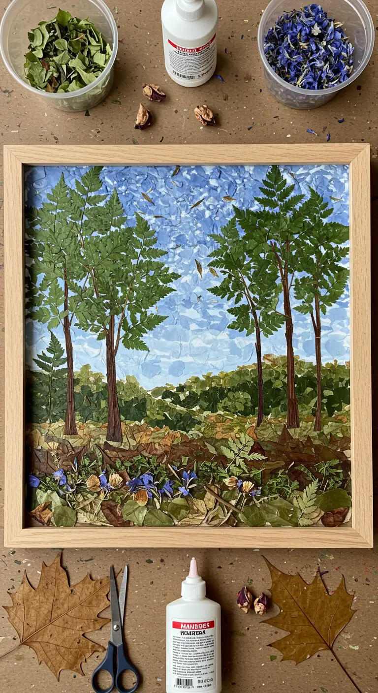 Paisaje de un bosque creado con diferentes tipos de hojas y pétalos prensados dentro de un marco.