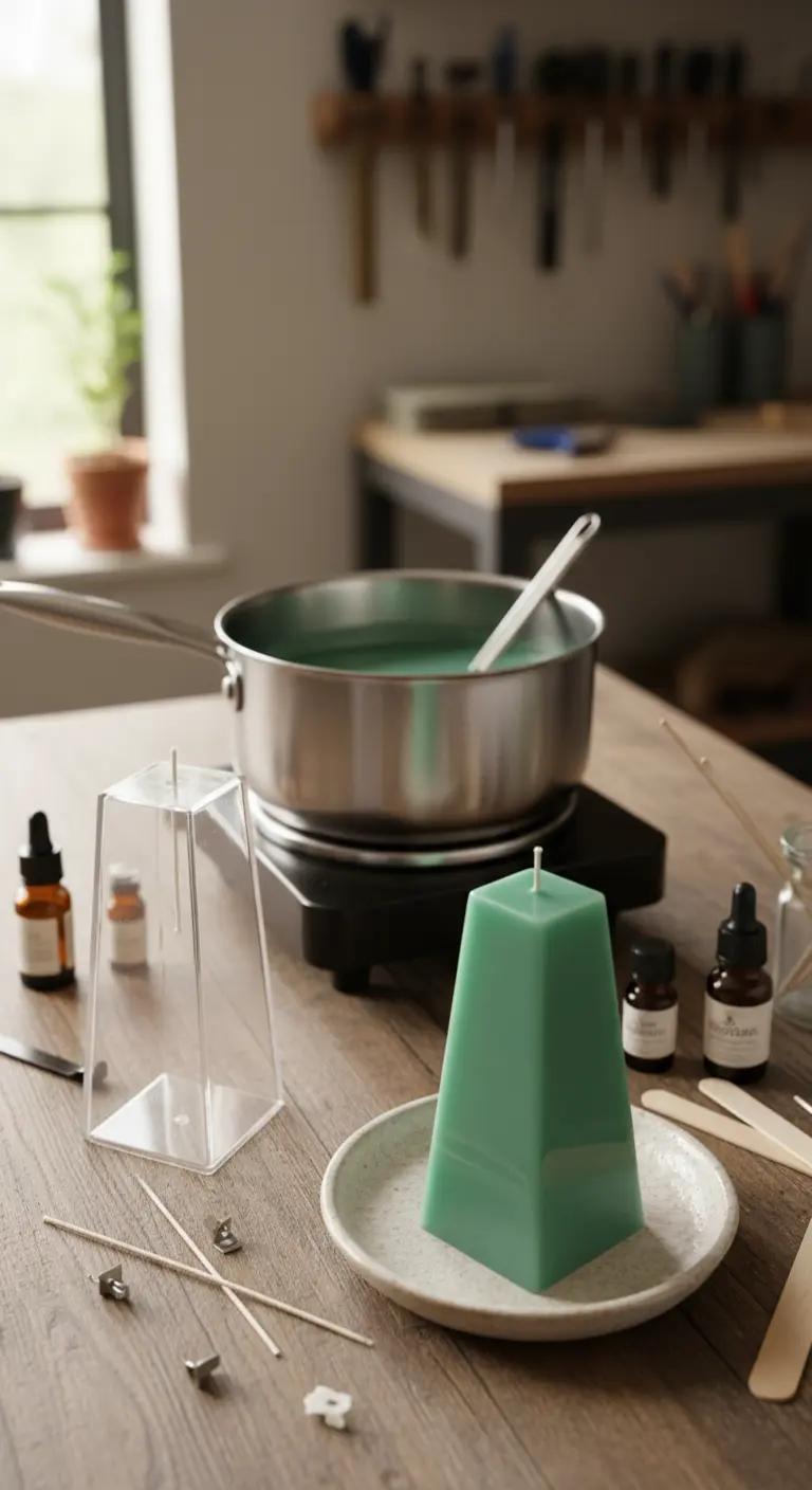 Proceso de creación de una vela casera verde menta con forma de pirámide truncada