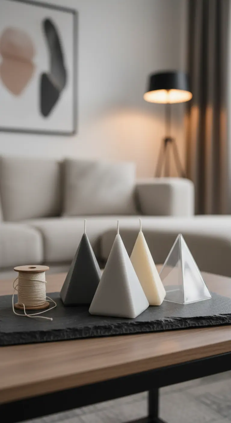 Velas caseras en forma de pirámide en tonos grises y blancos sobre una bandeja de pizarra