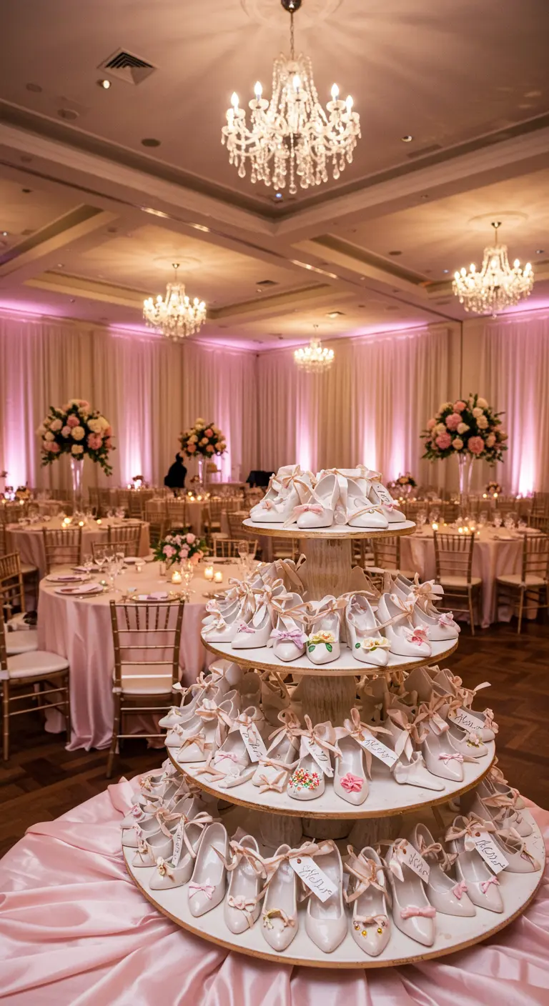 Torre de zapatillas de ballet en miniatura como recuerdos de fiesta.