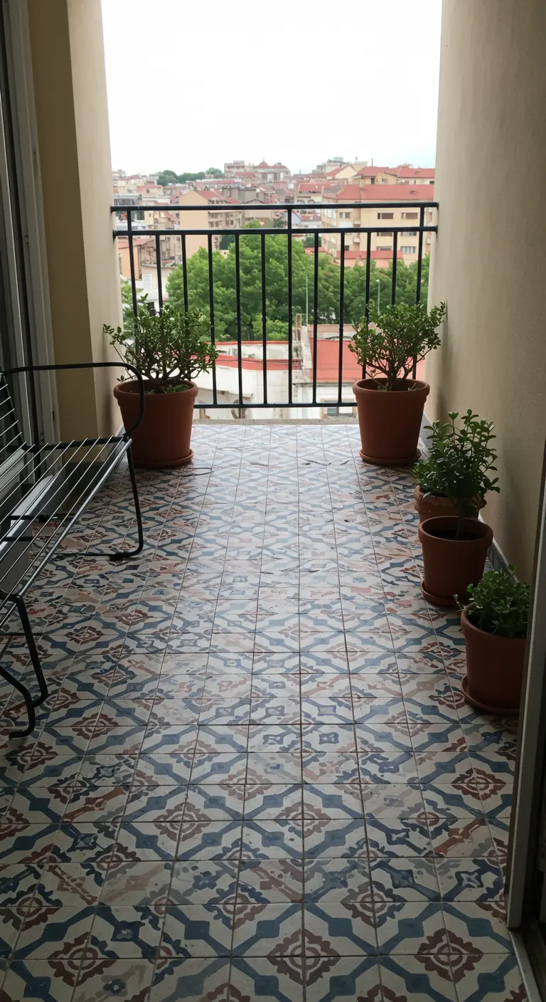 Balcón estrecho con suelo de baldosas hidráulicas estampadas de estilo mexicano.
