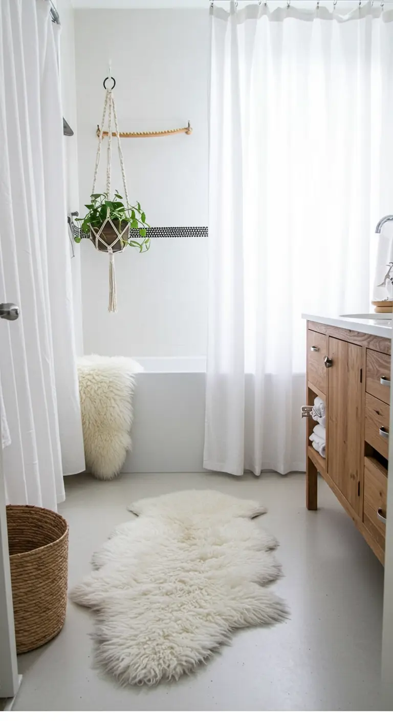 Baño blanco con mueble de madera, cortina de ducha blanca y una alfombra de piel de oveja en el suelo.